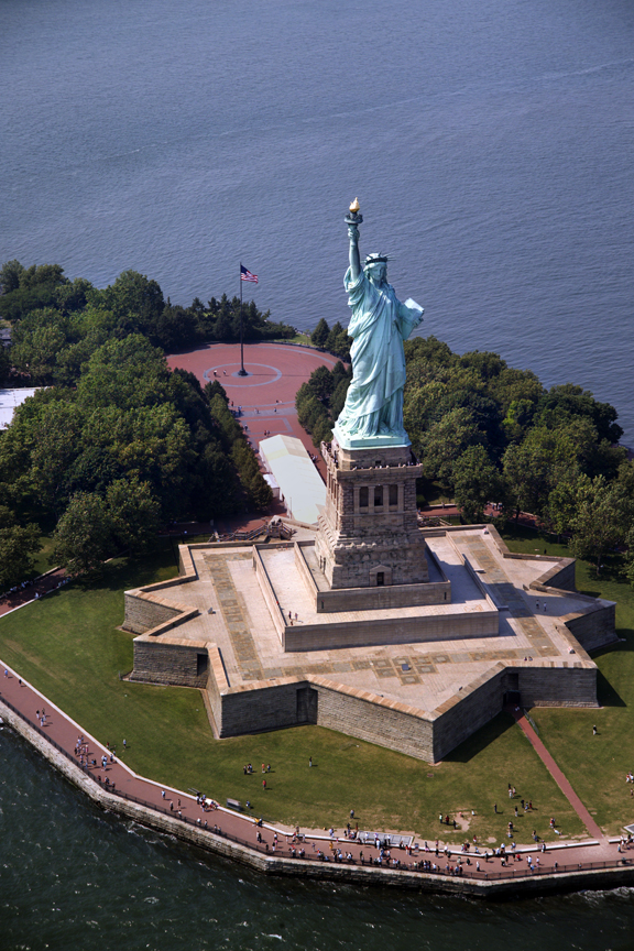 Aerial photograph of Statue of Liberty on Liberty Island.